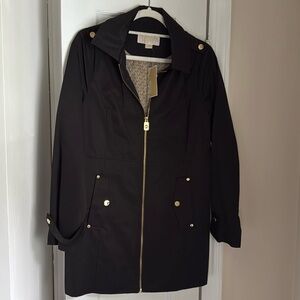 MICHAEL Michael Kors Black Trench Coat with Gold Accents